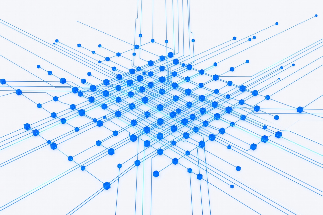 A massive interconnected grid of glowing blue nodes and data pathways, representing enterprise-scale AI agent orchestration