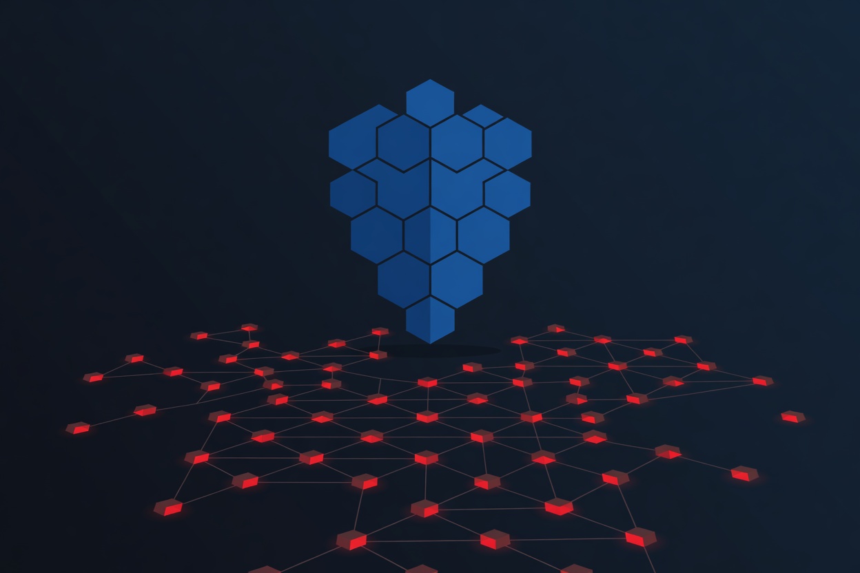 A shield made of interlocking blue hexagons hovering above a network of interconnected AI agent nodes, representing enterprise-level runtime protection against prompt injection