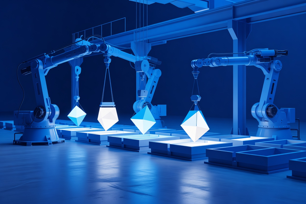 A massive glowing foundry floor with robotic cranes and molten metal being poured into structured molds, representing infrastructure forging AI agents at scale