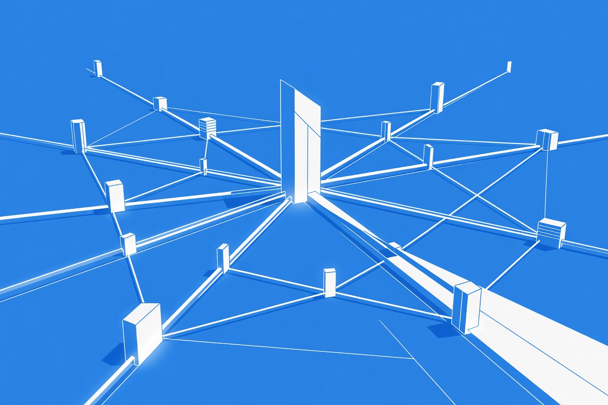 A vast network of interconnected nodes with a central pillar sending branches outward to reach multiple enterprise buildings, representing embedded AI deployment at scale