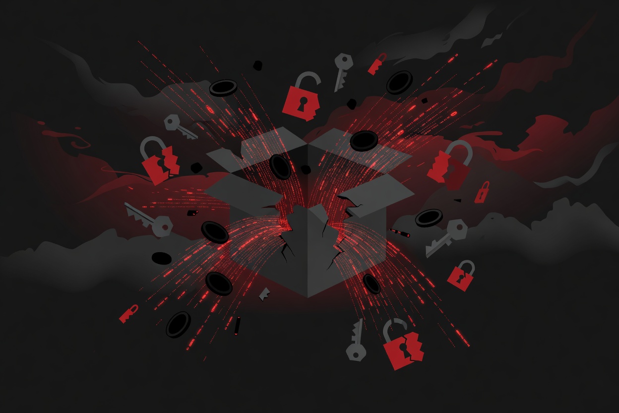 A broken npm package box leaking digital streams of credentials and cryptocurrency symbols, dark abstract background