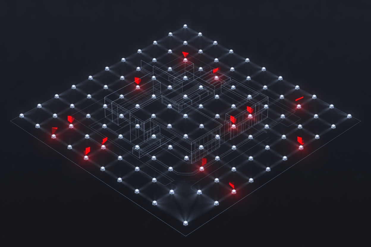 An abstract swarm of interconnected geometric agent shapes scanning and flagging vulnerabilities in a digital grid