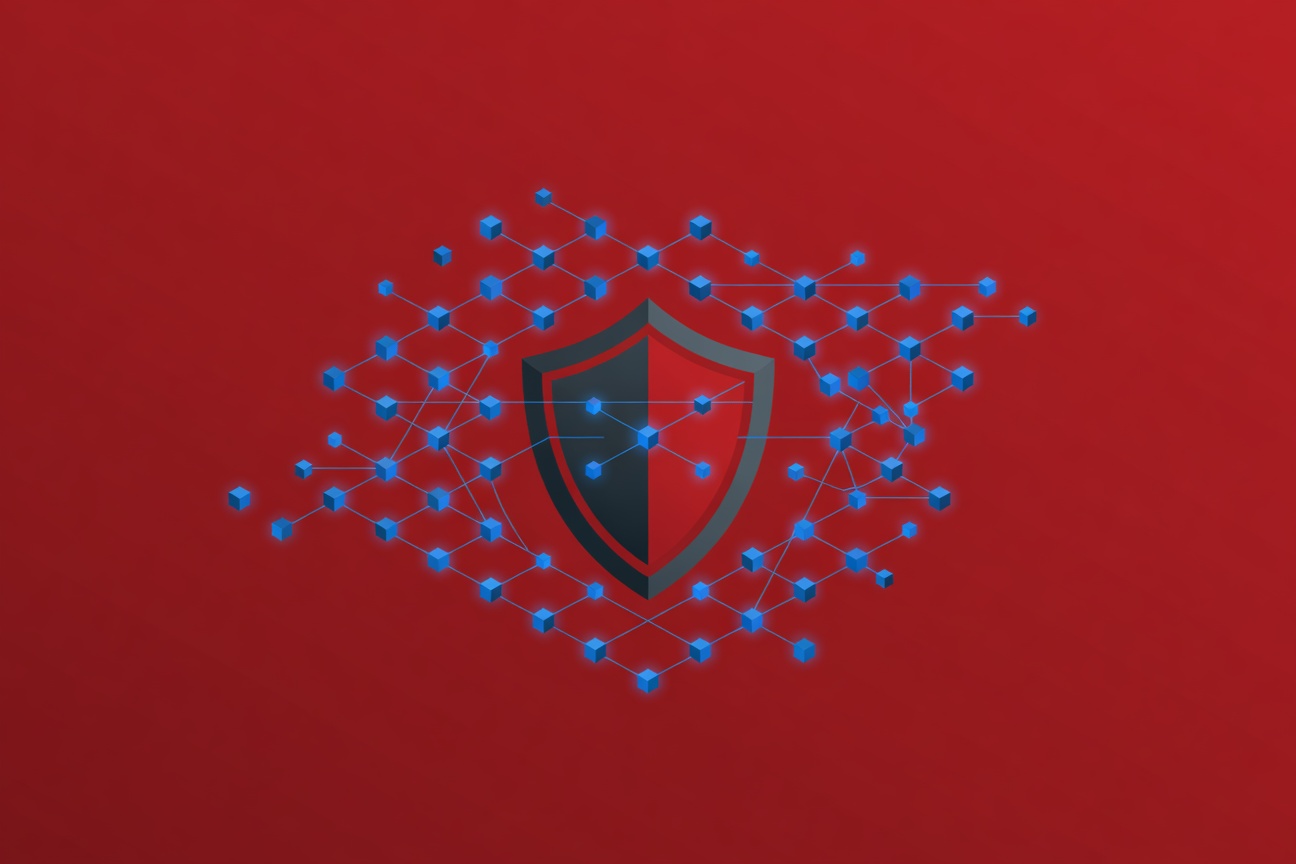 A swarm of glowing blue nodes forming a defensive grid around a central shield icon, abstract security network visualization