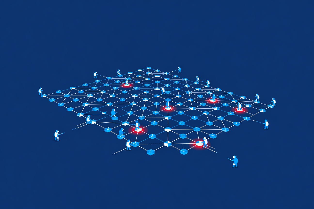 A swarm of abstract geometric agents scanning interconnected system nodes in a dark blue grid