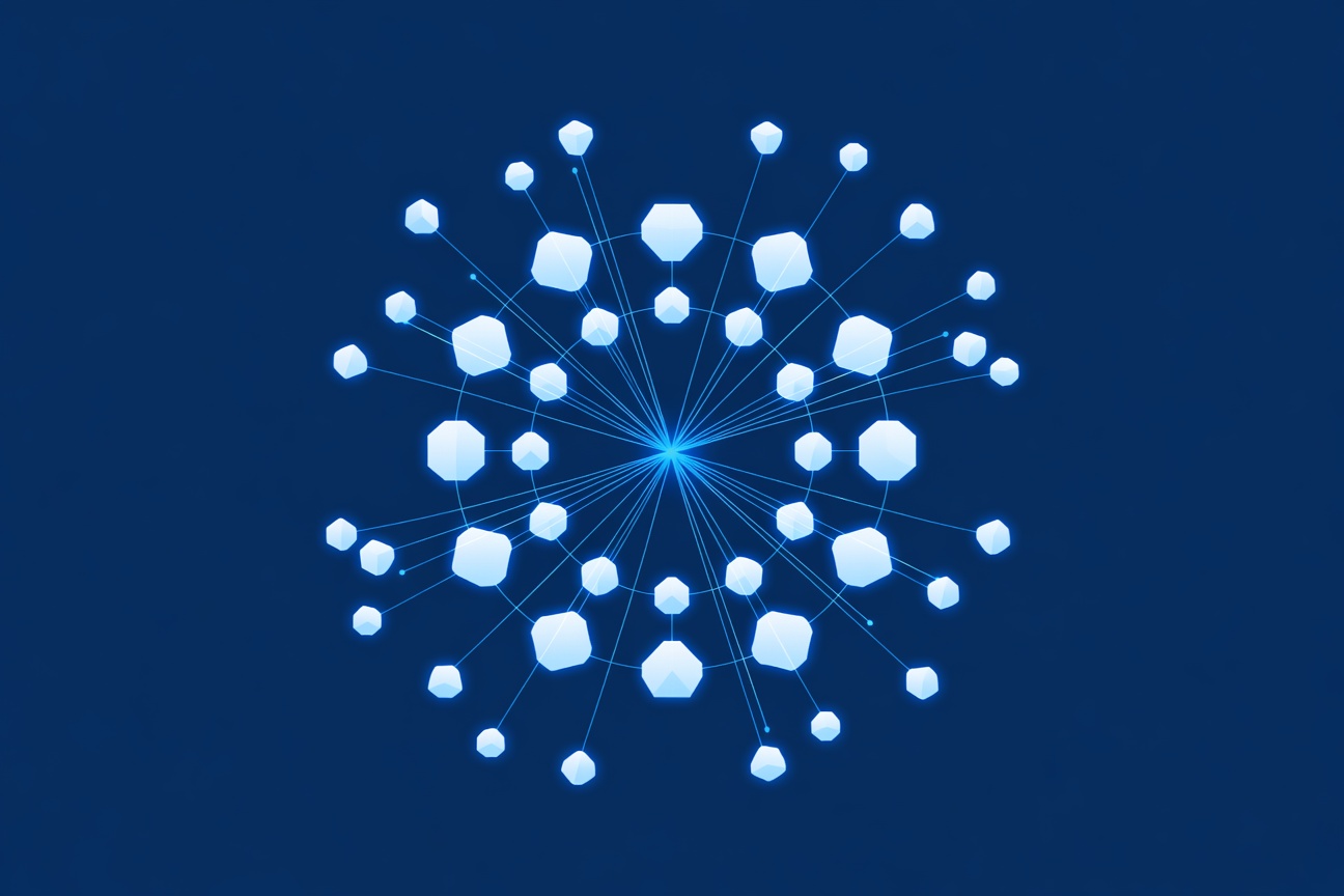 Abstract visualization of interconnected enterprise software nodes forming an autonomous agent network