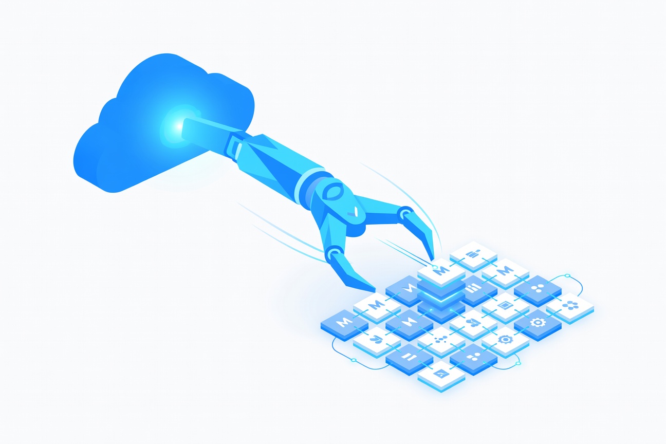 Abstract mechanical claw arm extending from a blue cloud toward a grid of interconnected enterprise office application tiles