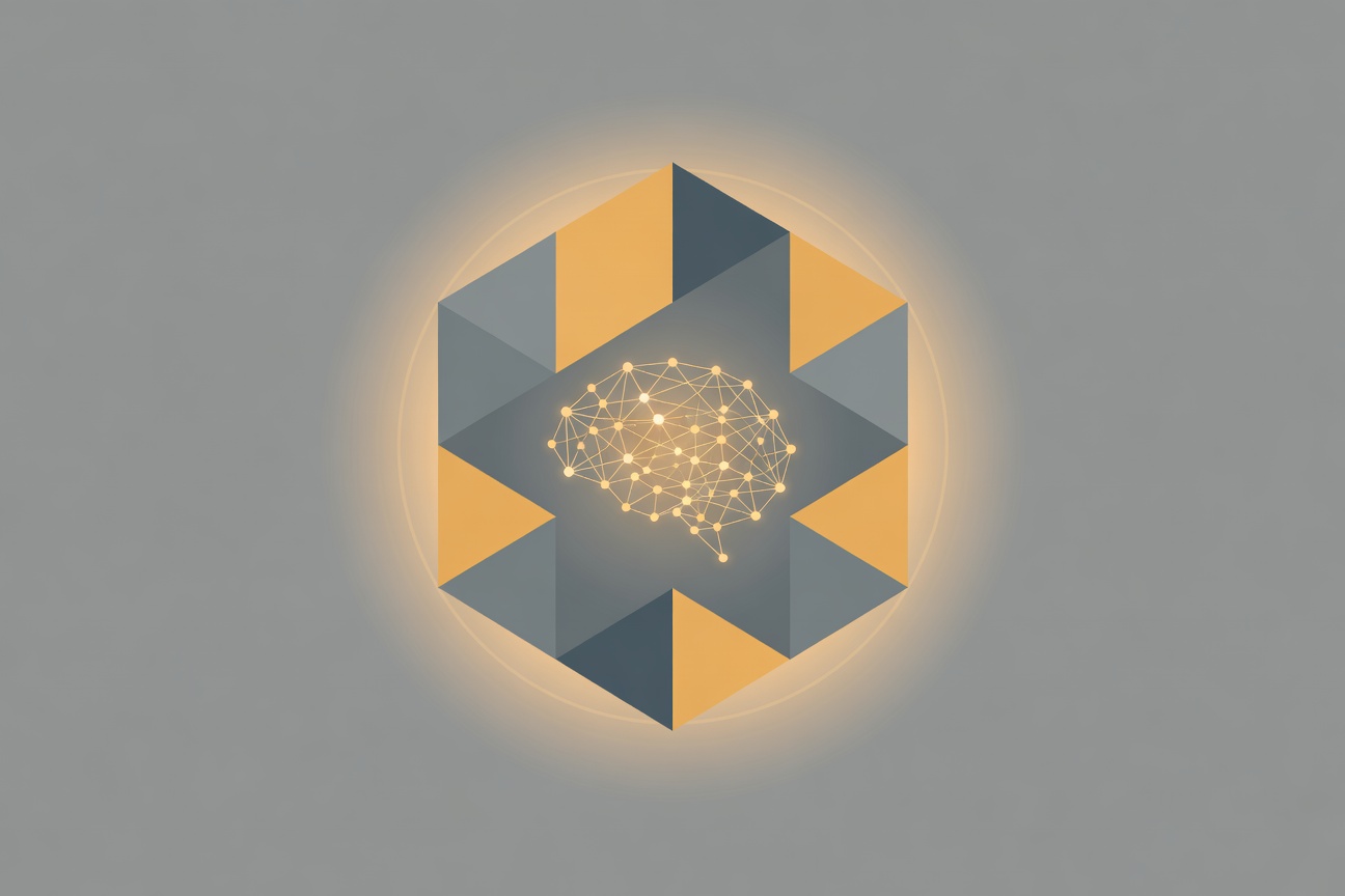 Abstract shield composed of interlocking geometric shapes protecting a glowing circuit board node cluster