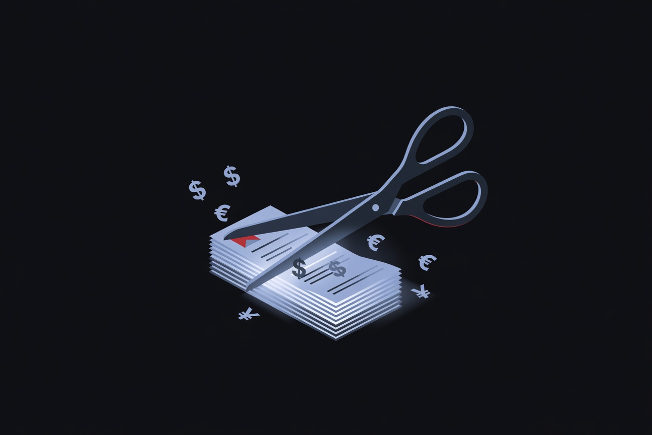 A pair of scissors cutting through a stack of dollar bills next to a glowing AI terminal screen