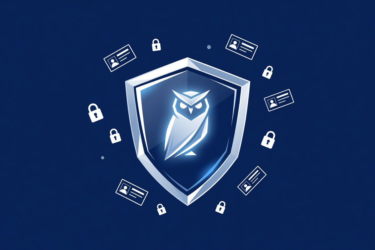 A shield-shaped container holding a glowing owl silhouette with Microsoft blue corporate lines on a dark background