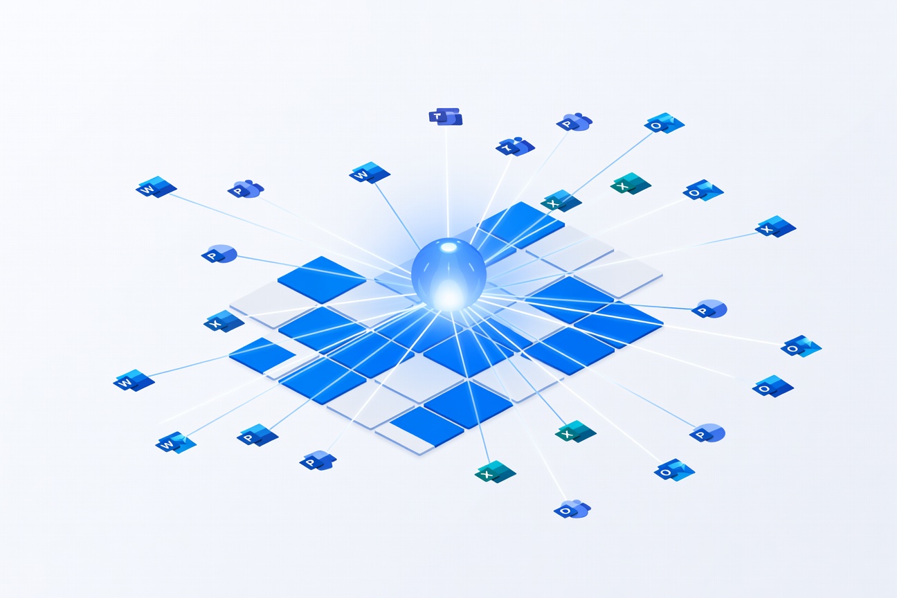 A glowing autonomous agent orb floating above a digital Microsoft 365 grid, threads of light connecting to various app icons