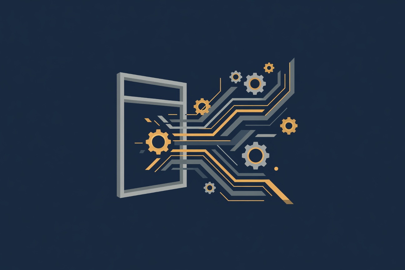A stylized window frame dissolving into abstract geometric automation flows and floating mechanical gears on a dark blue background
