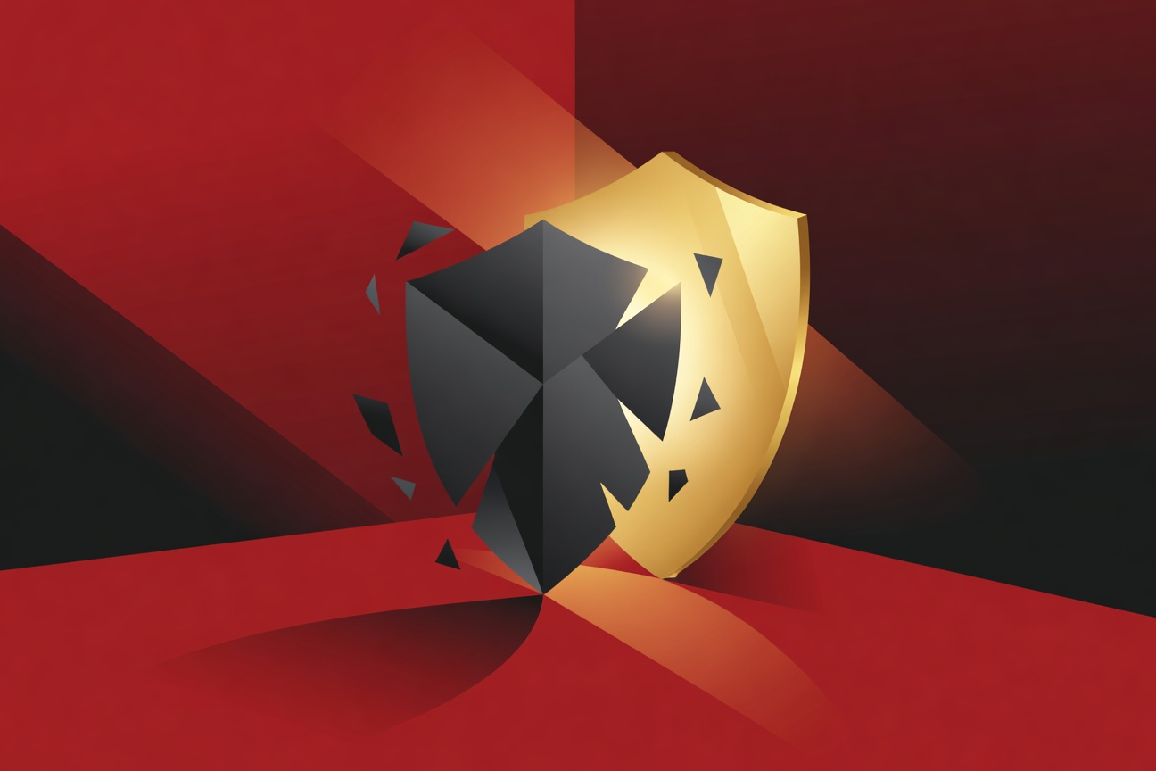 A flattering golden mirror distorting and dissolving a security shield made of geometric shapes