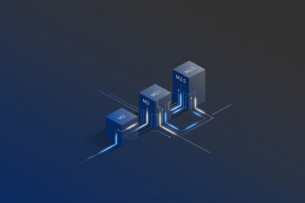 Three geometric cubes labeled M2, M2.1, and M2.5 rising like a staircase against a gradient background, with circuit-trace patterns connecting them
