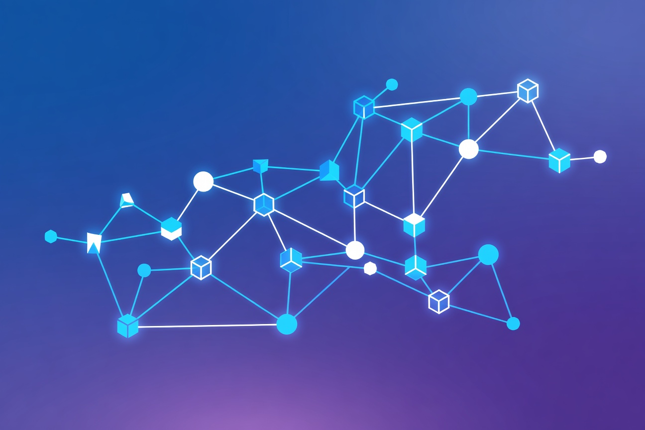 Abstract orchestration network — glowing nodes connected by durable threads forming a resilient web, deep blue and violet tones