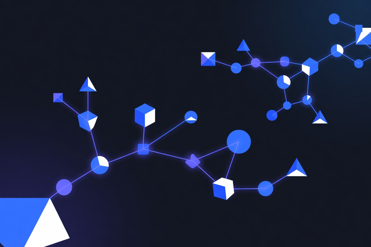 Abstract geometric proof trees and logical chains glowing in deep blue, symbolizing formal mathematical verification