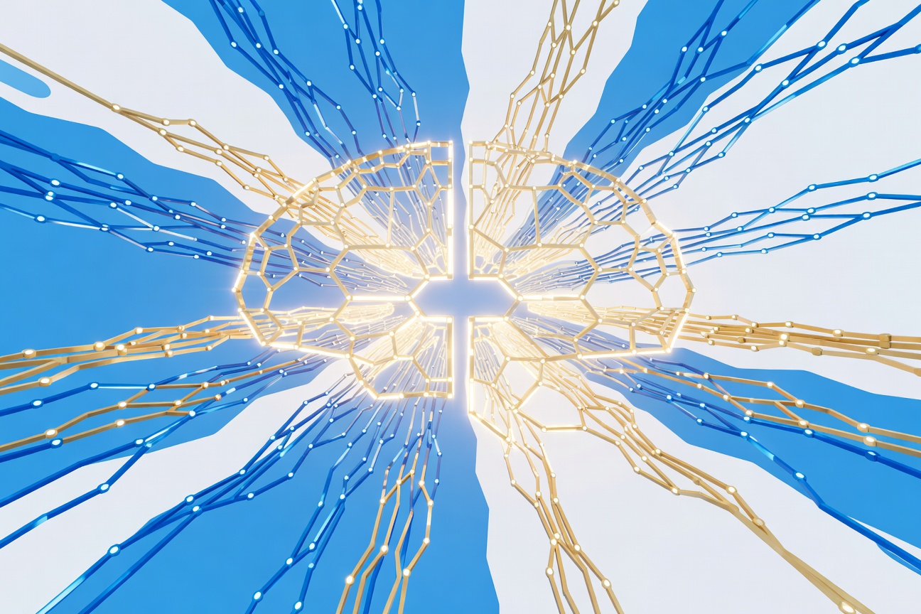 Glowing 3D neural lattice structure expanding outward in radial symmetry, warm gold and electric blue, infinite depth