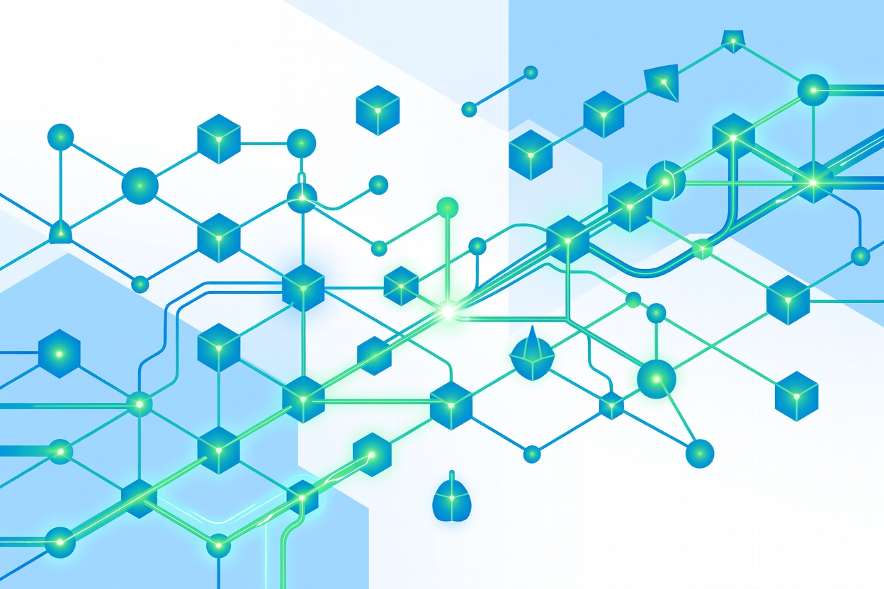 Abstract visualization of an intelligent orchestration system — glowing geometric nodes and pathways forming an optimized network, green and teal efficiency-signaling tones