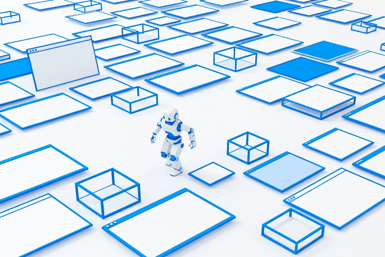 A small robot navigating a giant floating web of interconnected browser windows, minimal 3D