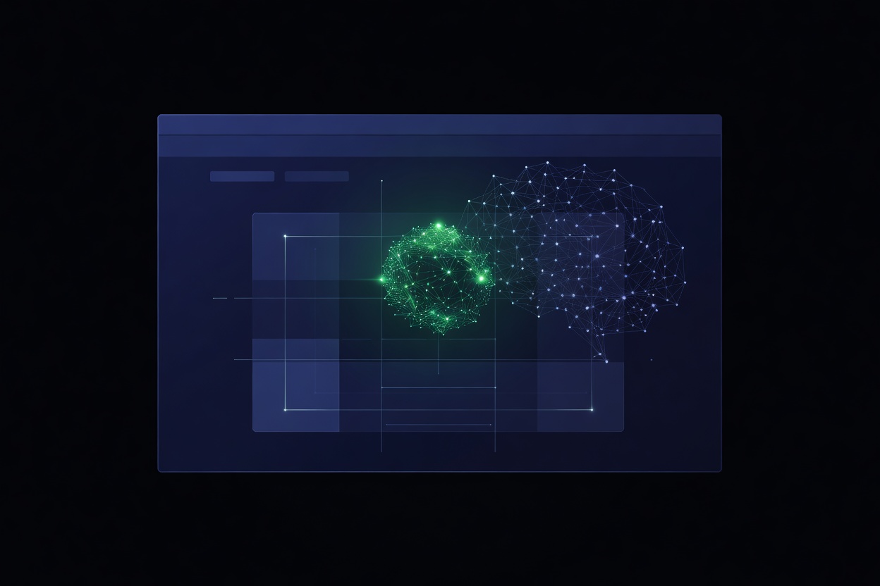 Abstract minimal illustration of a small glowing orb navigating a complex web of browser windows and clickable UI elements, outpacing a larger shadowed figure