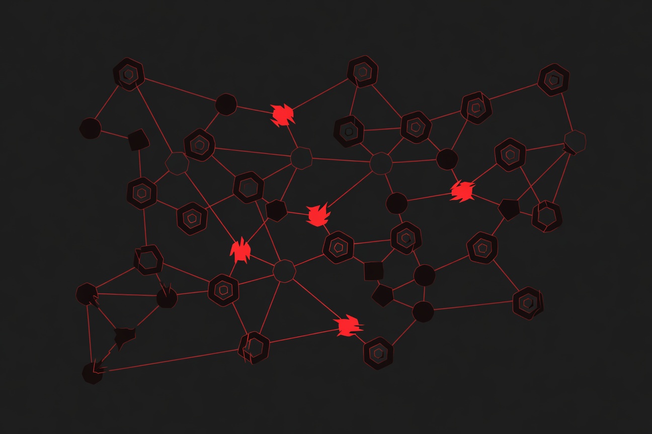 Tangled network of interconnected nodes with some links fraying or looping back on themselves