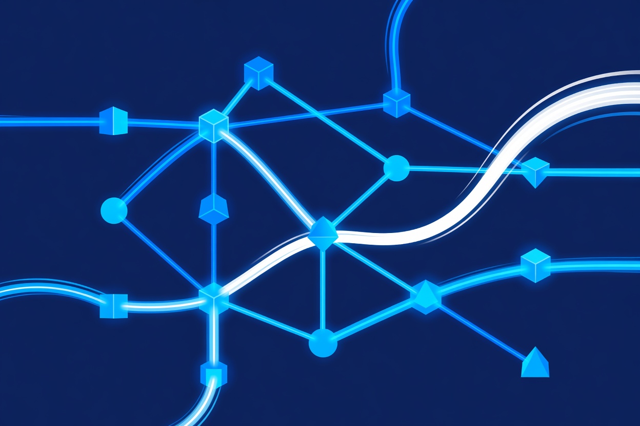 Abstract network of glowing event nodes connected by pub-sub channels on a dark blue background representing real-time data flow