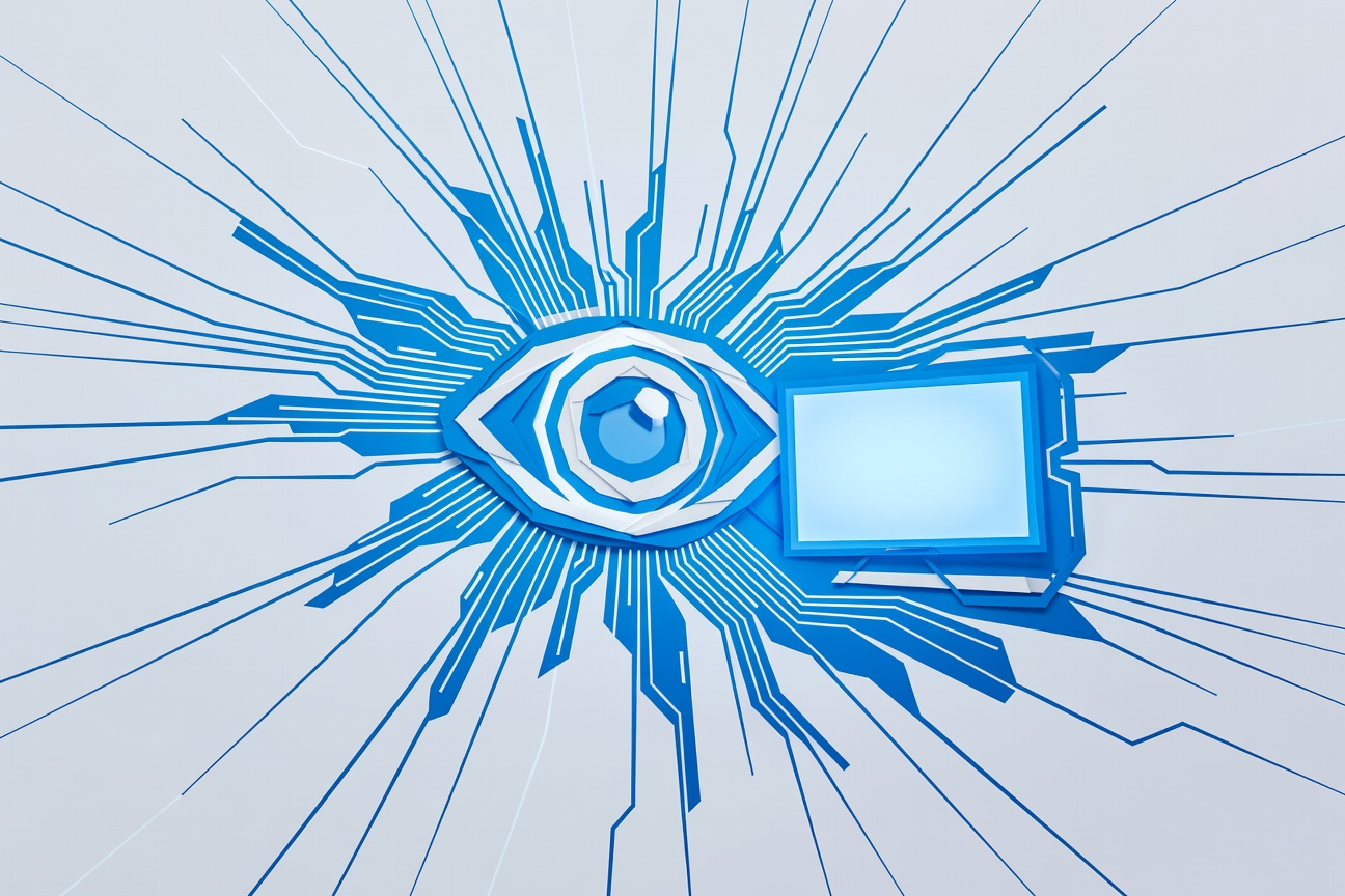 A robotic eye watching a glowing monitor screen with circuit-board tendrils reaching outward