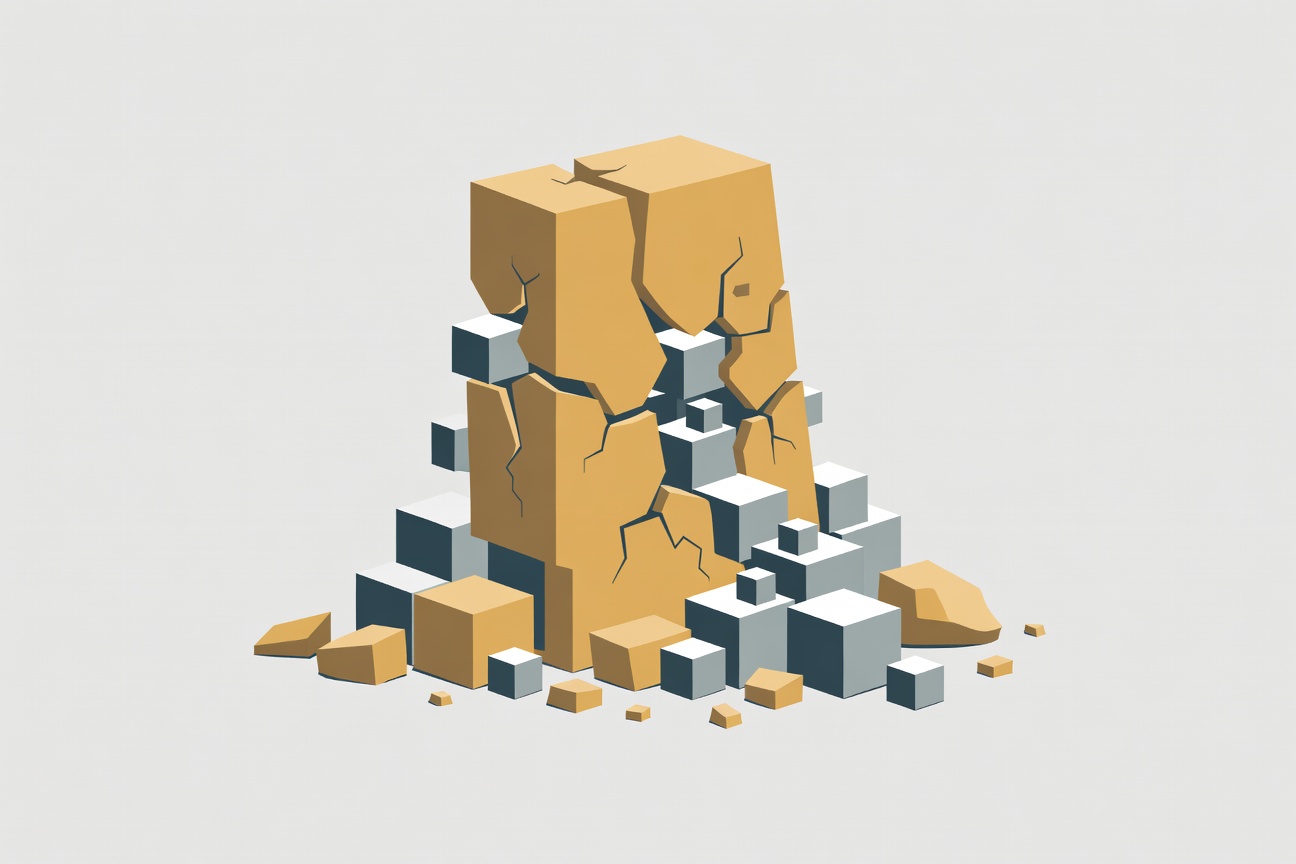 A large monolithic stone pillar labeled with a crown cracking apart, with multiple smaller identical geometric shapes emerging from the rubble on a minimalist abstract background