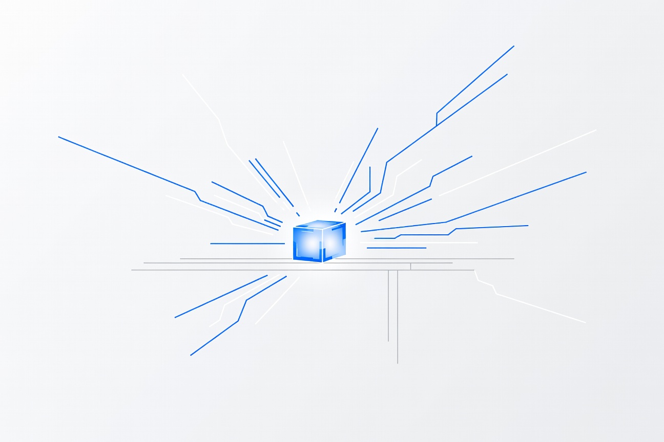 A compact glowing cube device on a minimal desk surface, surrounded by abstract circuit traces radiating outward in all directions