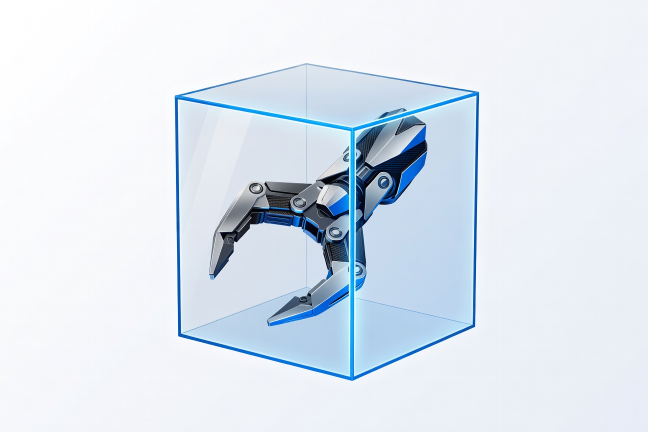 A sleek metallic claw mechanism locked in a transparent security vault, glowing blue