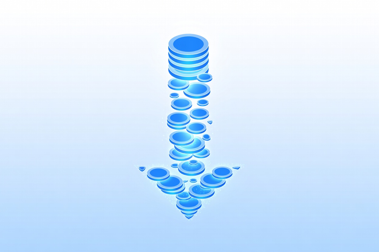 Abstract downward arrow formed from stacked coins dissolving into smaller glowing particles against a gradient background