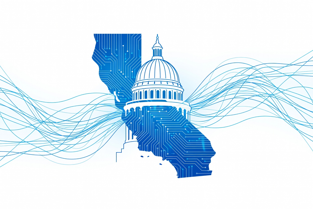 Abstract geometric representation of a government building merging with AI circuit patterns — clean, modern, blue and gold tones