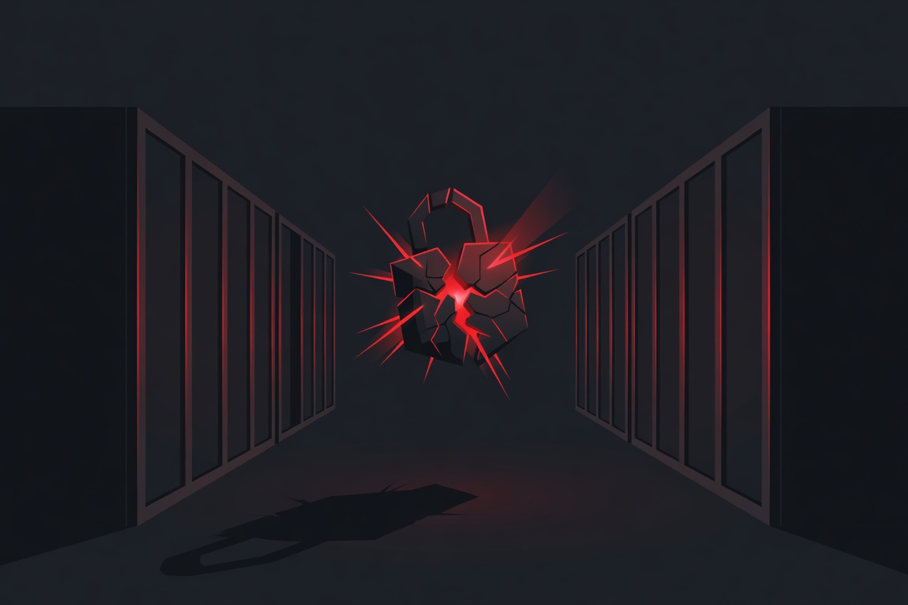 Fractured abstract lock floating in a dark server room environment, emanating red warning signals