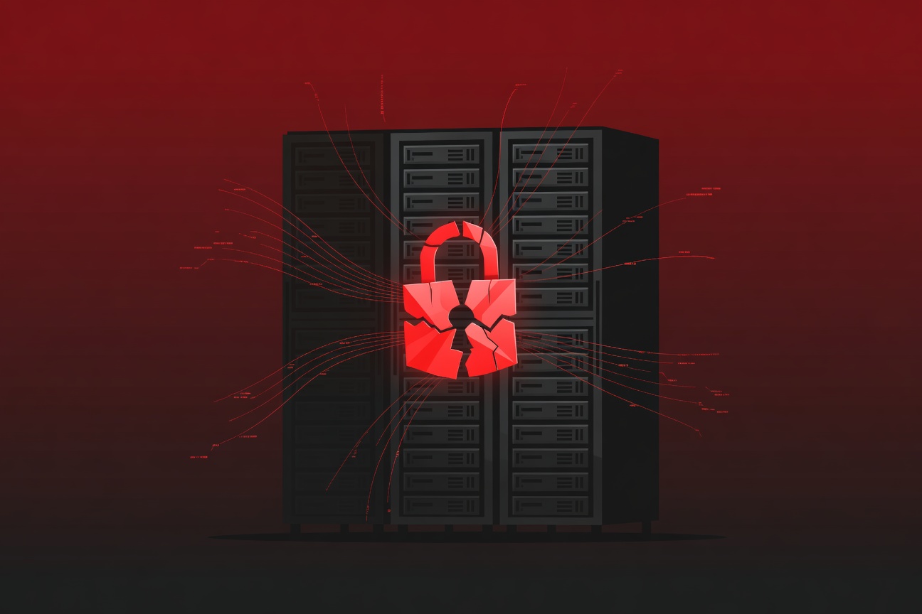 A glowing red lock icon cracked open on a dark server rack, symbolizing an unauthenticated vulnerability being exploited