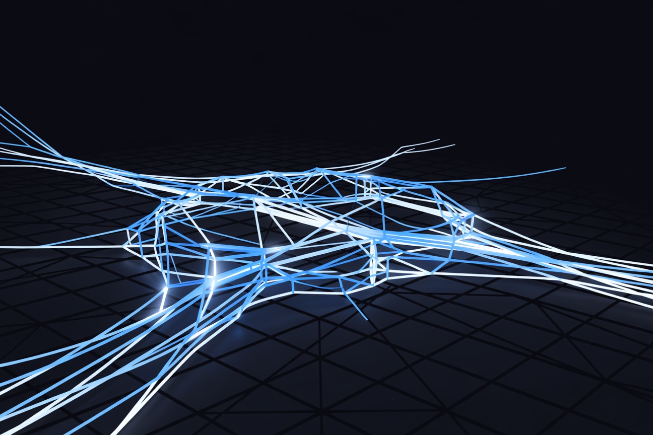 Abstract fiber optic strands forming a glowing neural web pattern against a dark telecommunications grid, representing autonomous network intelligence