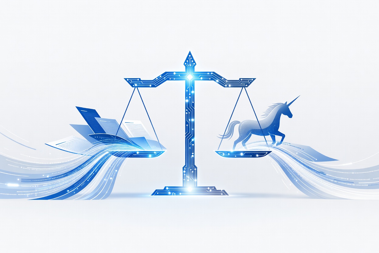 An abstract scale of justice rendered as glowing circuit board pathways balanced on a luminous fulcrum, representing AI-powered compliance