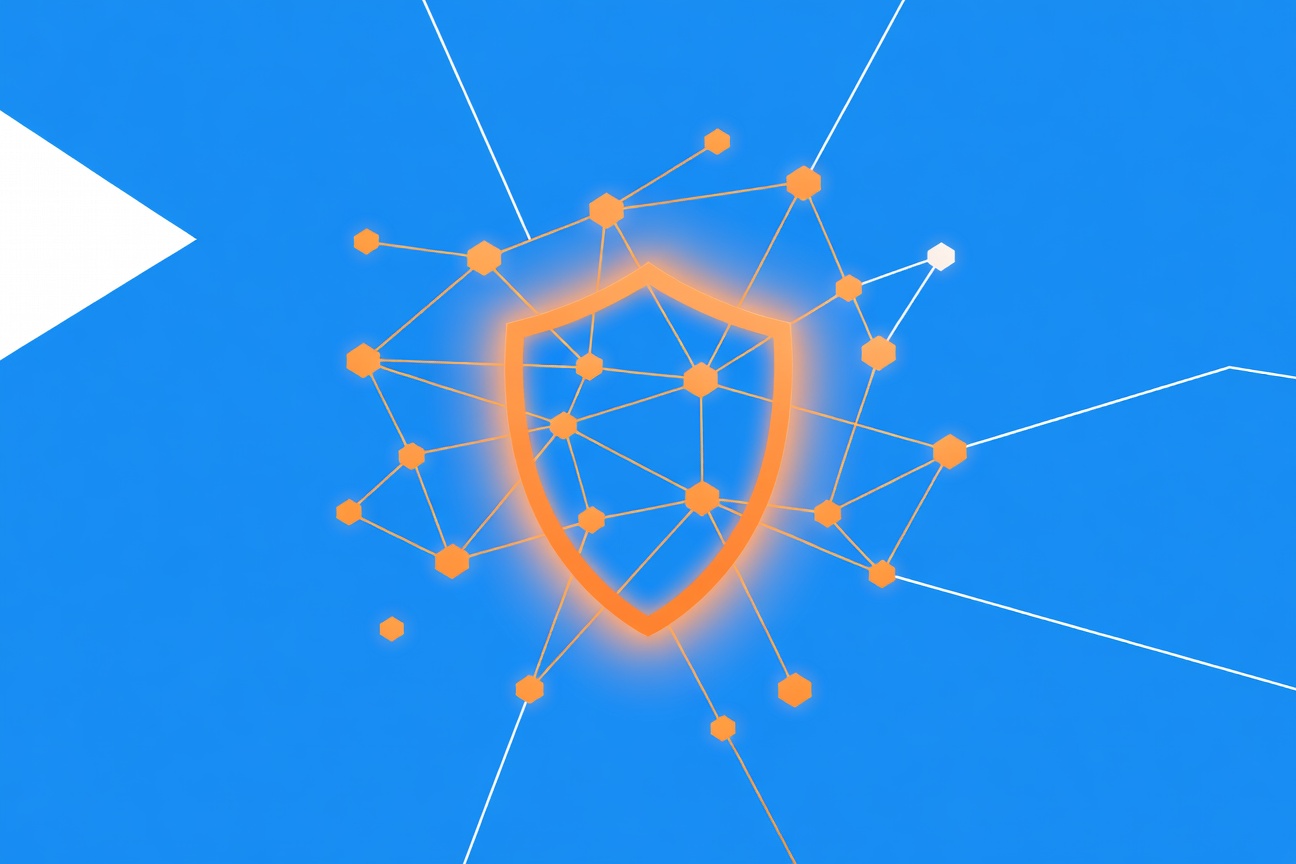 A glowing orange shield surrounds a network of geometric agent nodes, representing AI agent protection and privacy