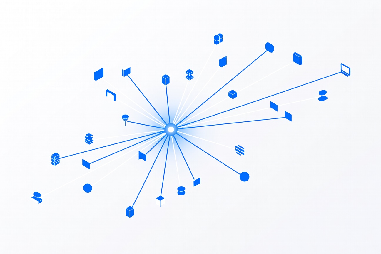 An abstract hub with glowing spokes connecting colorful node icons representing AI agents, data sources, and code blocks flowing into a central workspace