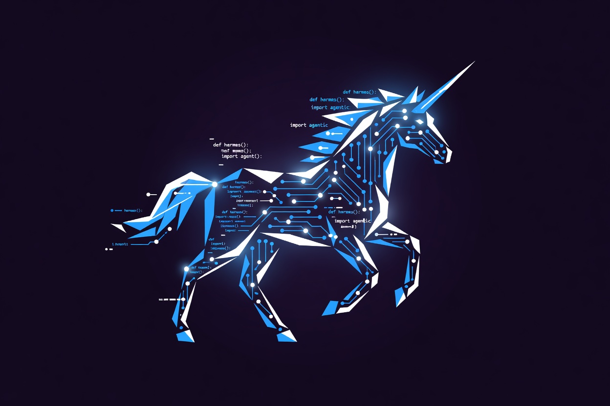 A geometric unicorn silhouette made of glowing circuit nodes and open-source code fragments on a deep purple background