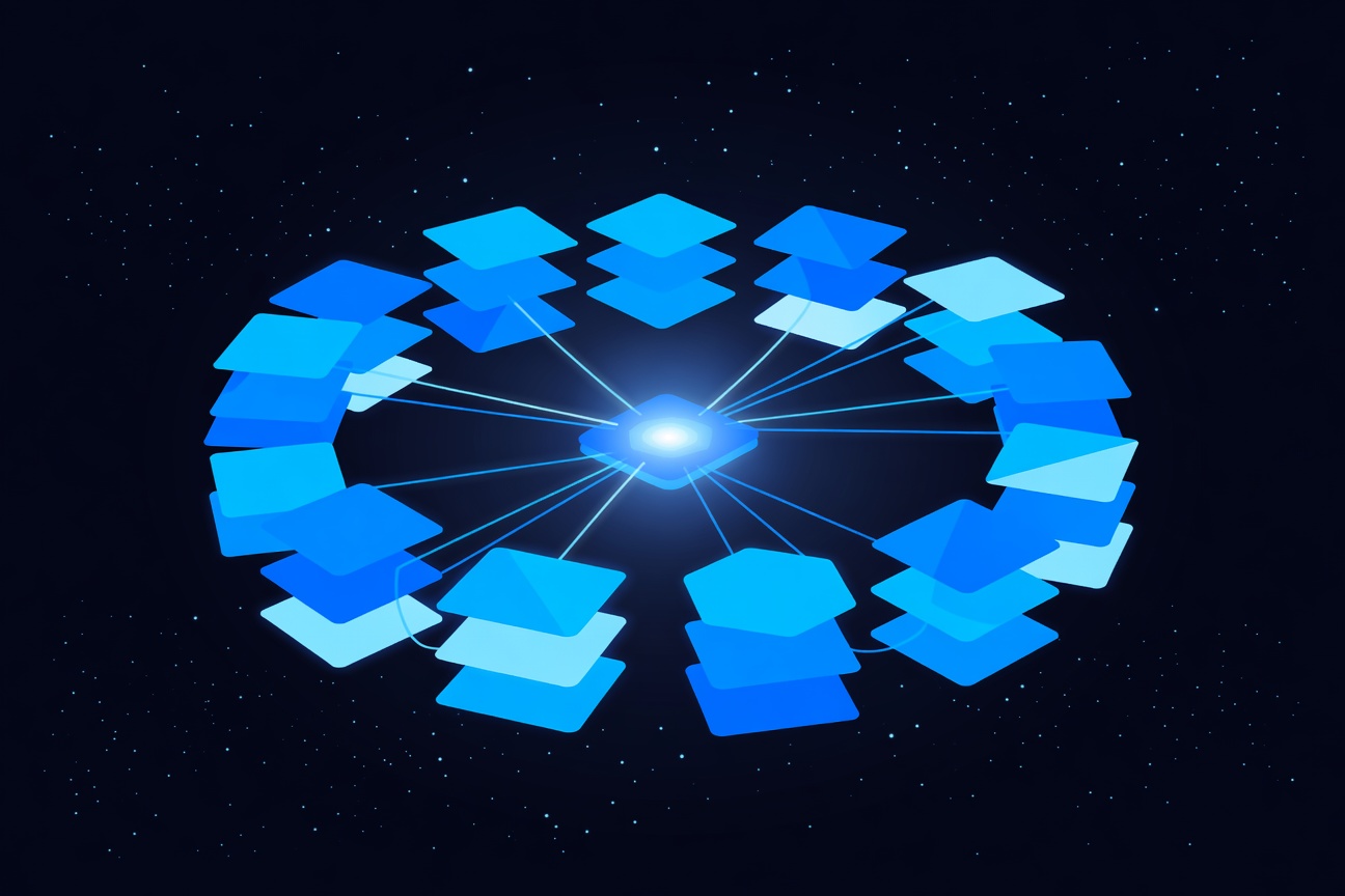 A glowing recursive loop of abstract geometric skill-cards being written and stacked by a single luminous node, symbolizing self-evolving AI learning