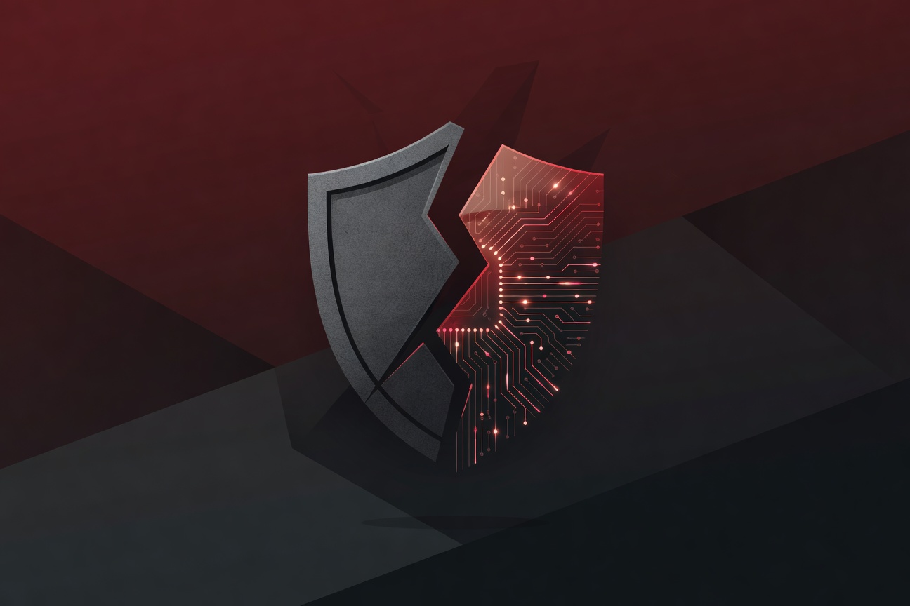 A fractured shield symbol split between a government building silhouette and an AI circuit pattern, abstract color blocks