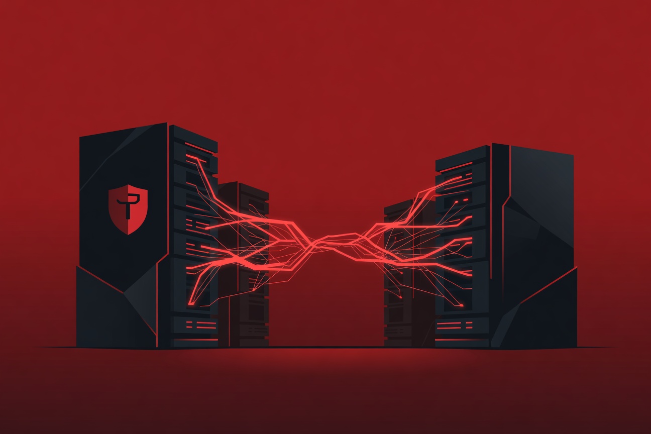 Abstract glowing AI neural network tendrils reaching between two dark monolithic server towers, one stamped with a shield emblem