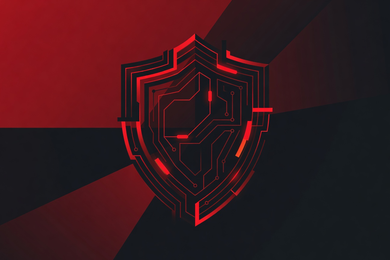 An abstract shield with circuit pathways, some segments glowing red to indicate vulnerabilities in a connected system
