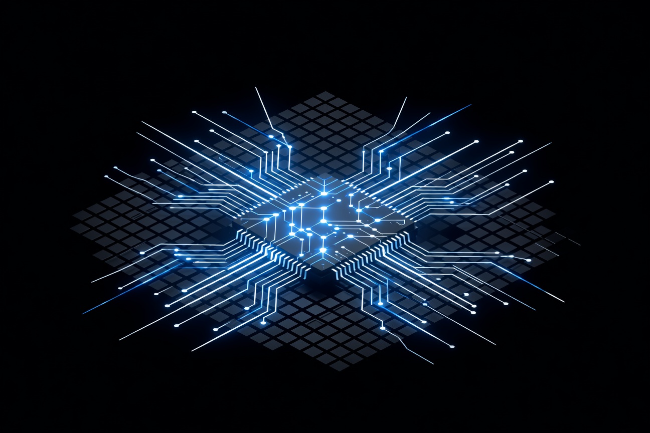 Futuristic chip architecture diagram with glowing neural network pathways, abstract silicon layers, and orbital data streams representing AI computing power