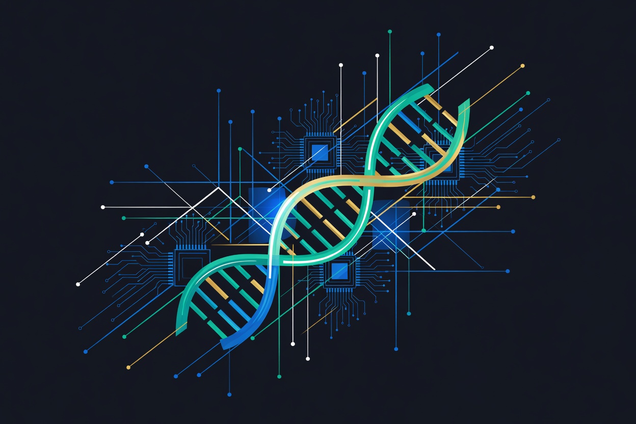 Abstract double helix structure glowing in teal and gold tones against a dark backdrop, with geometric grid lines representing GPU-accelerated computation and molecular analysis