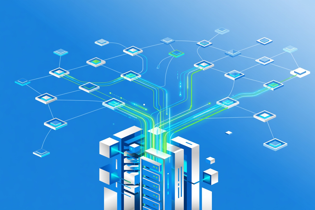 A towering abstract data center rack emitting green-blue light streams upward, representing distributed GPU inference at scale