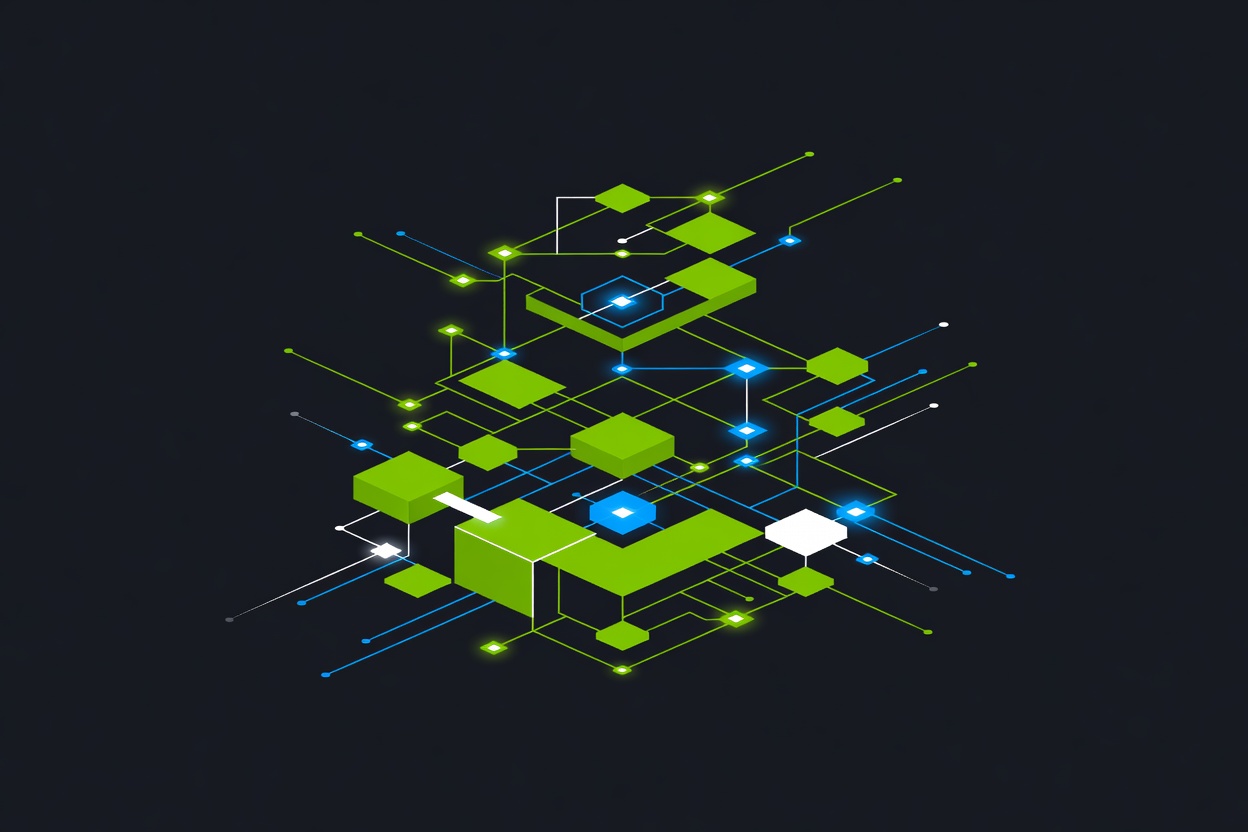 Abstract layered architecture diagram rendered as glowing green circuits on a dark background, with interconnected node blueprints symbolizing enterprise AI agent infrastructure