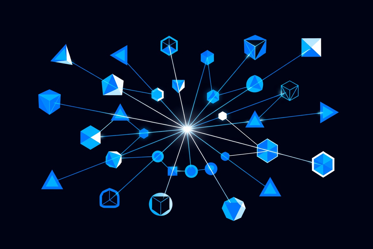 A glowing geometric network of interconnected nodes expanding outward against a dark background, representing autonomous agent systems at enterprise scale