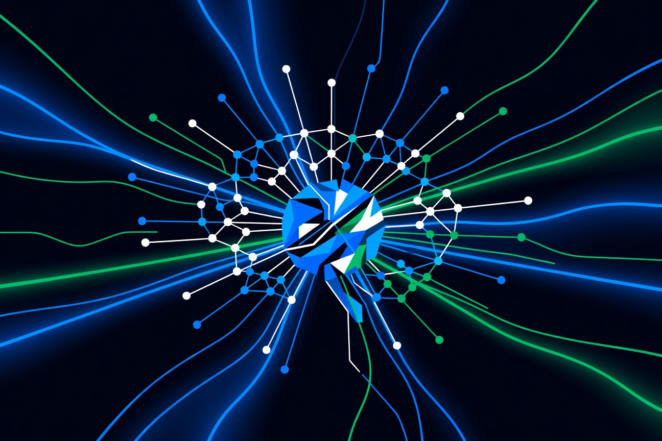Abstract glowing neural network lattice erupting from a silicon chip, next-generation AI infrastructure visualization