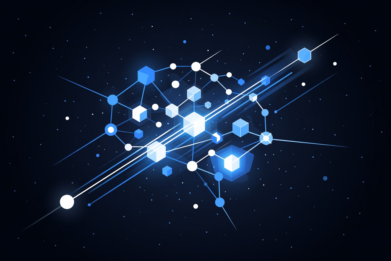 An abstract glowing brain made of geometric nodes and energy lines against a dark cosmic background