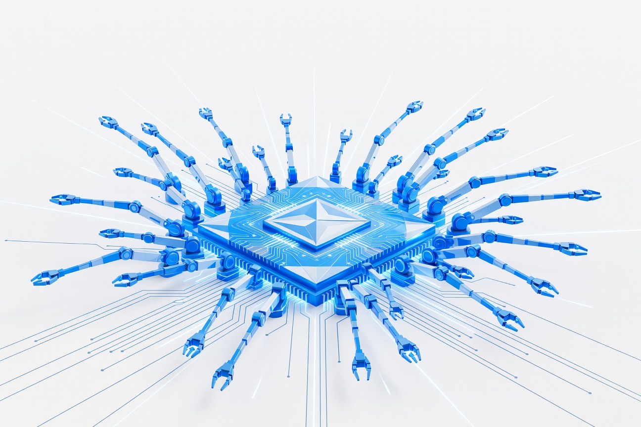 A massive GPU chip on a circuit board spawning dozens of autonomous robotic arms representing AI agents